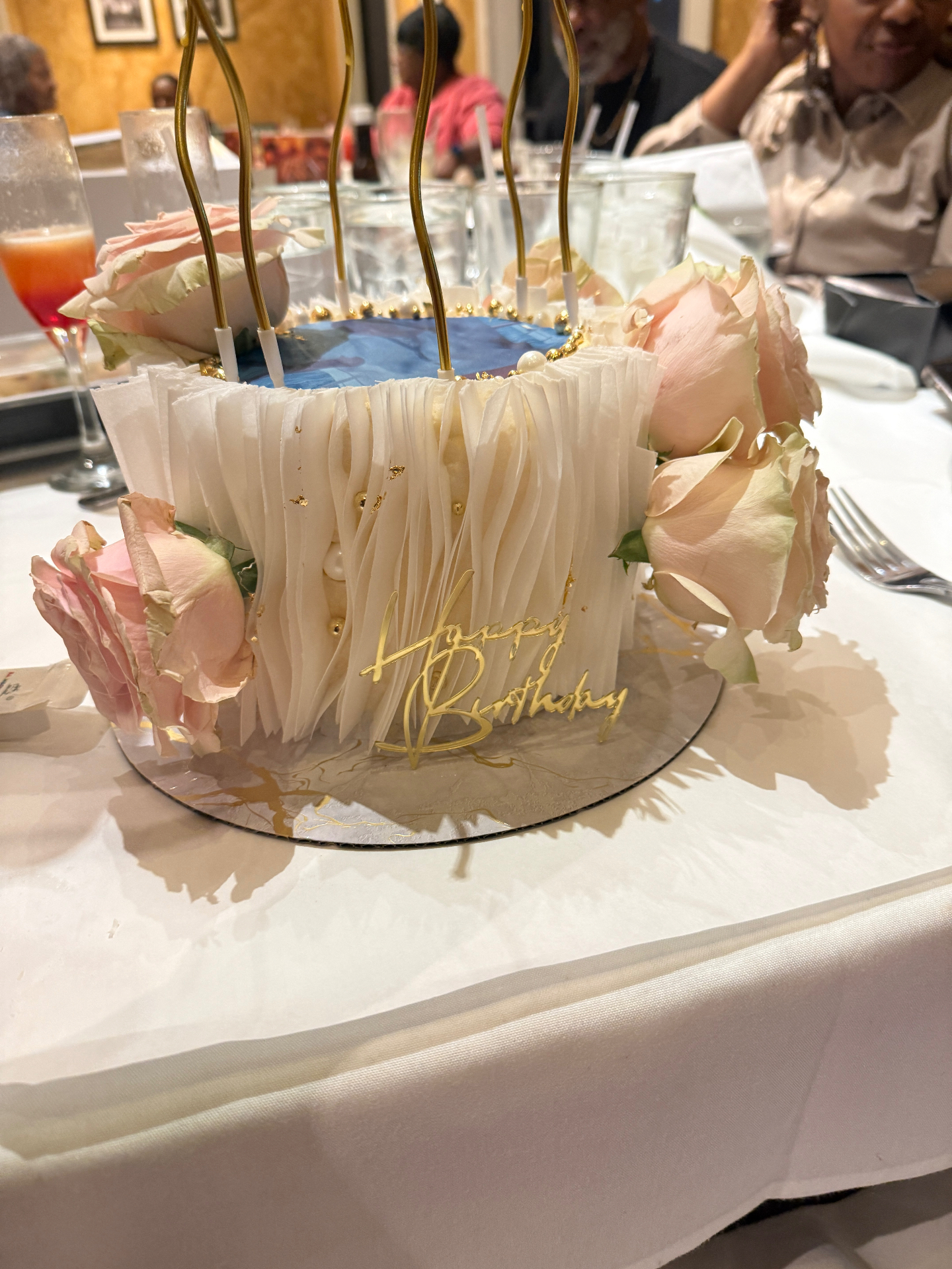 80th Birthday Cake with Fresh Roses & Gold Leaf