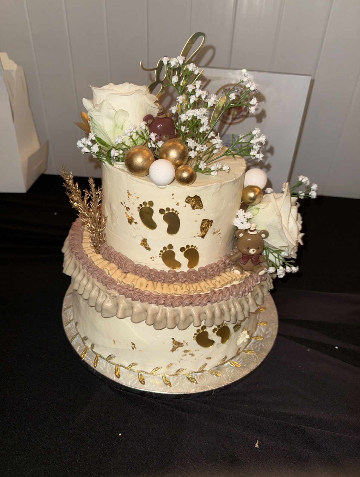 Two-Tier Baby Shower Cake with Gold Leaf & Florals