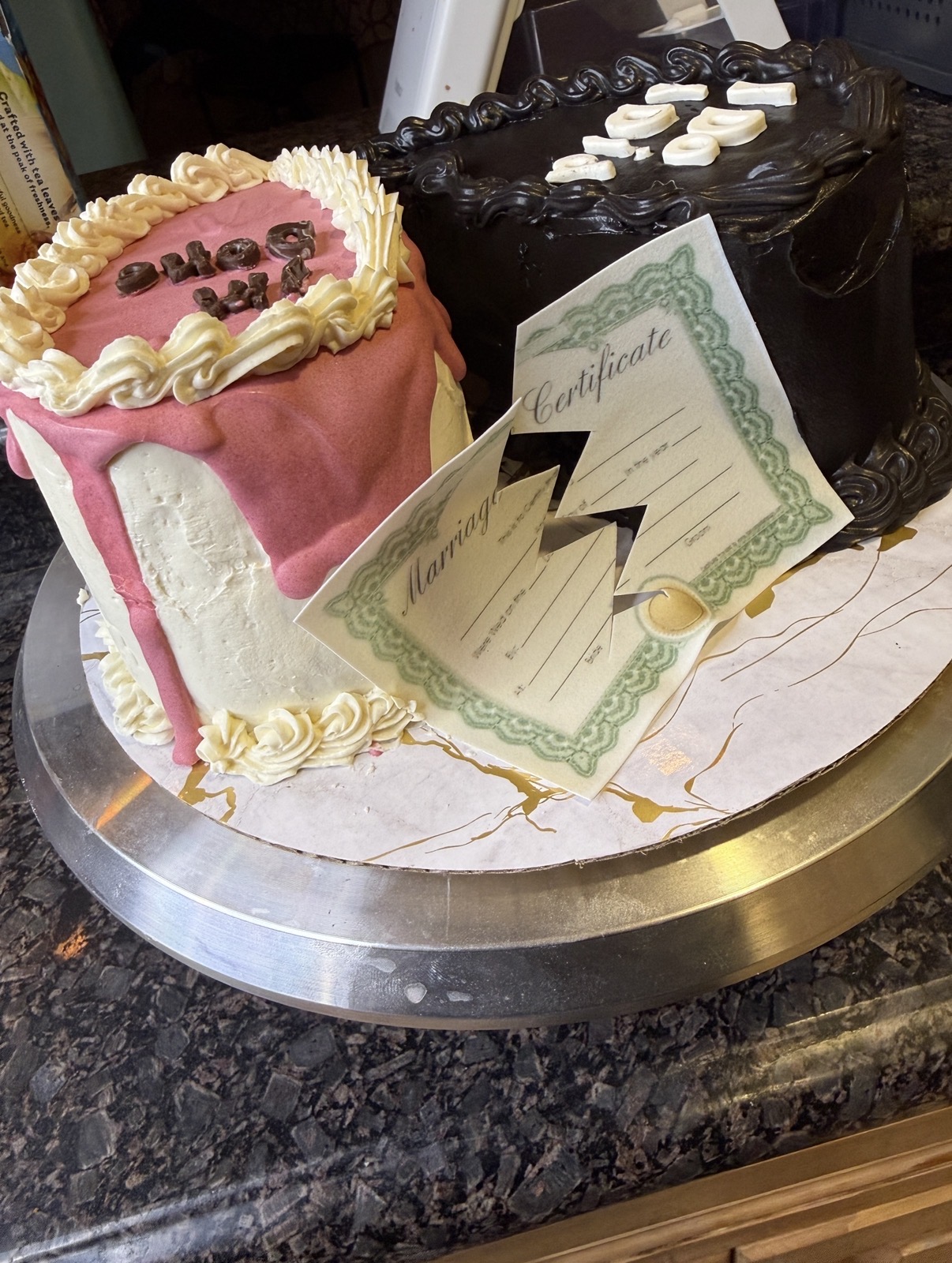 Divorce Party Cake with Torn Marriage Certificate
