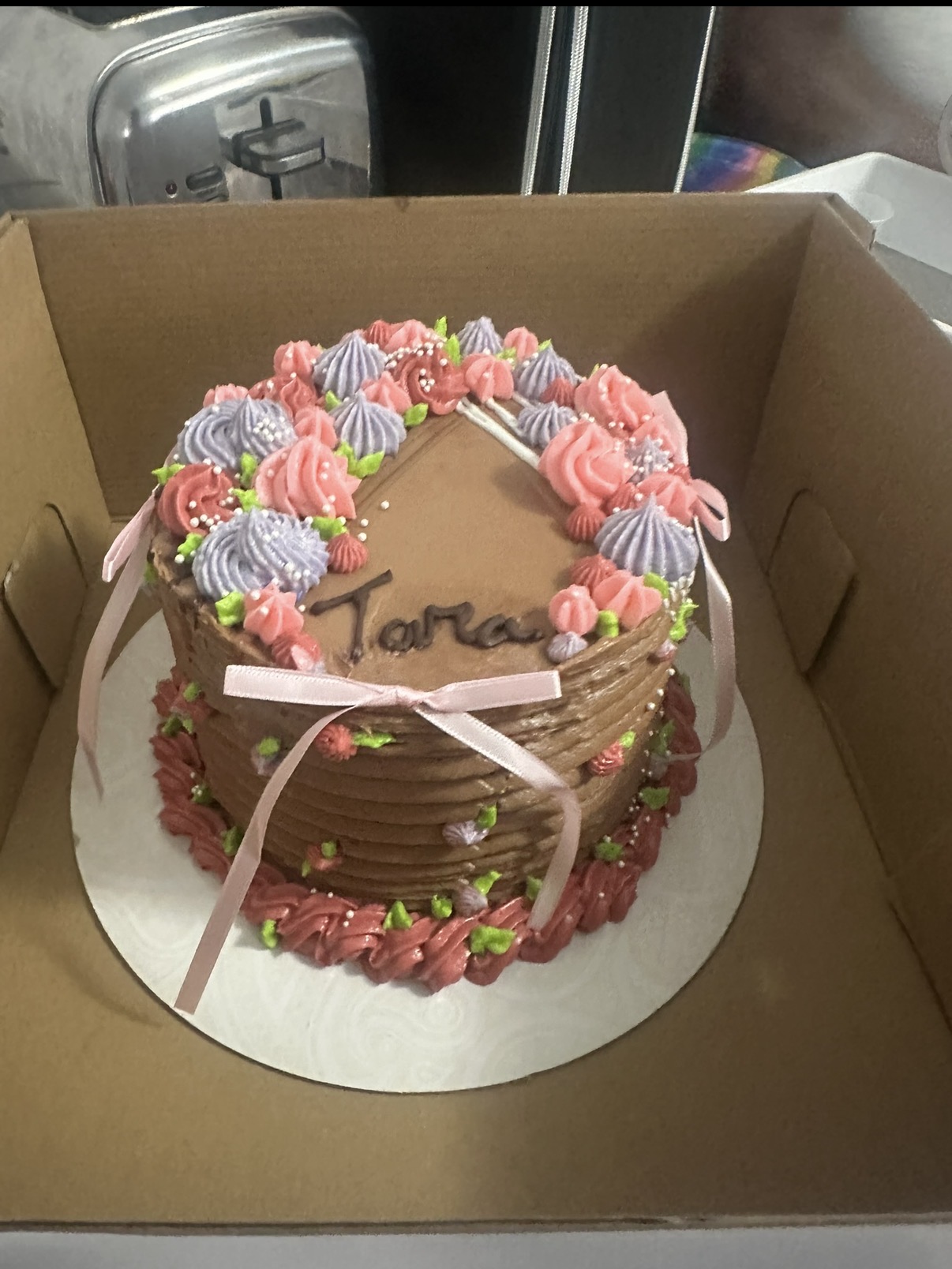 Chocolate Basketweave Cake with Floral Piping